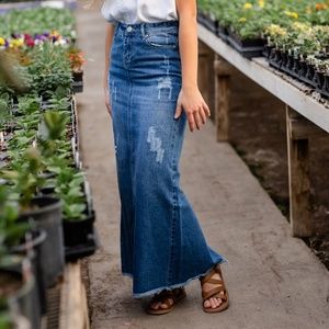 Distressed Long Denim Jean Skirt